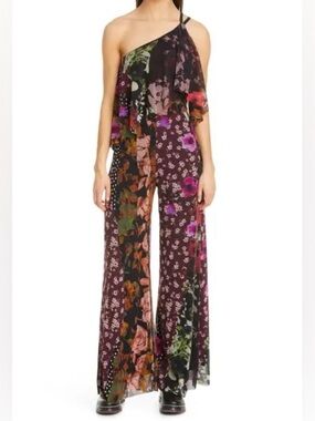 FUZZI one shoulder floral mesh-jumpsuit, small fixable flaw at strap